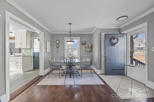 tiled dining area with ornamental molding