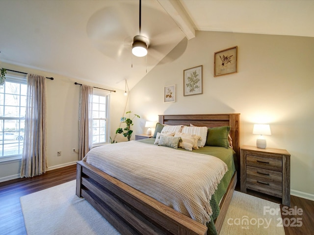 bedroom featuring ceiling fan, vaulted ceiling with beams, and dark wood-type flooring