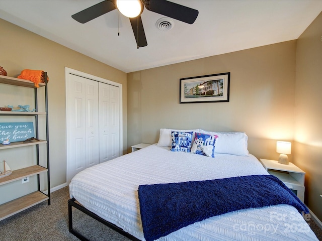 bedroom with ceiling fan, a closet, and carpet