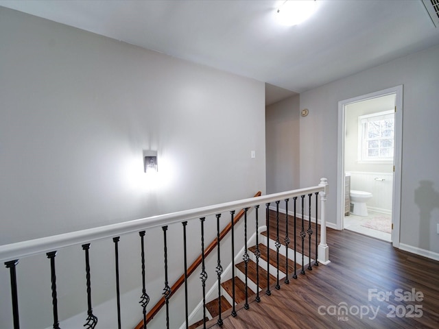 stairway with hardwood / wood-style flooring