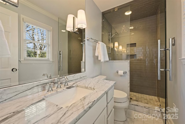 bathroom featuring toilet, tile patterned flooring, walk in shower, crown molding, and vanity