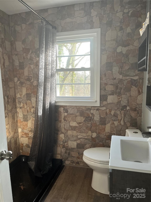 bathroom featuring wood-type flooring, toilet, curtained shower, and vanity