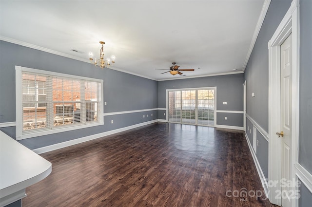 interior space featuring dark hardwood / wood-style floors, ceiling fan with notable chandelier, and ornamental molding