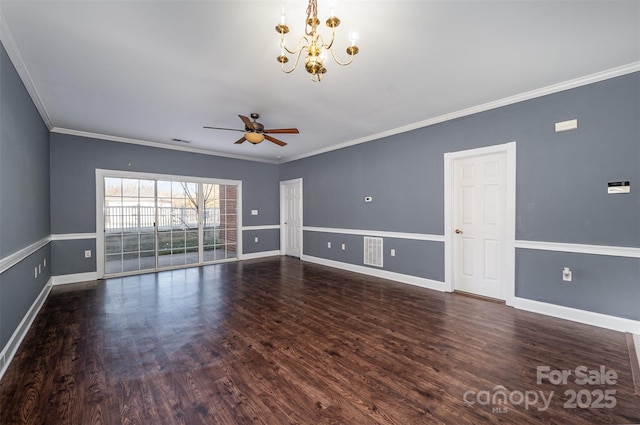 spare room featuring dark hardwood / wood-style floors, ceiling fan with notable chandelier, and ornamental molding