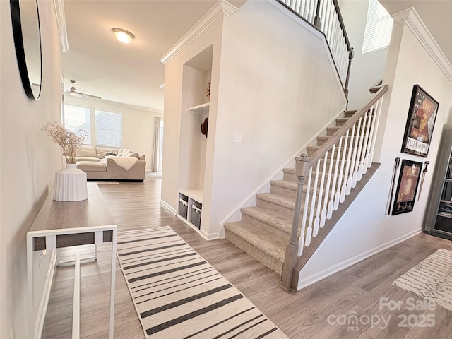 stairs with ornamental molding and hardwood / wood-style floors