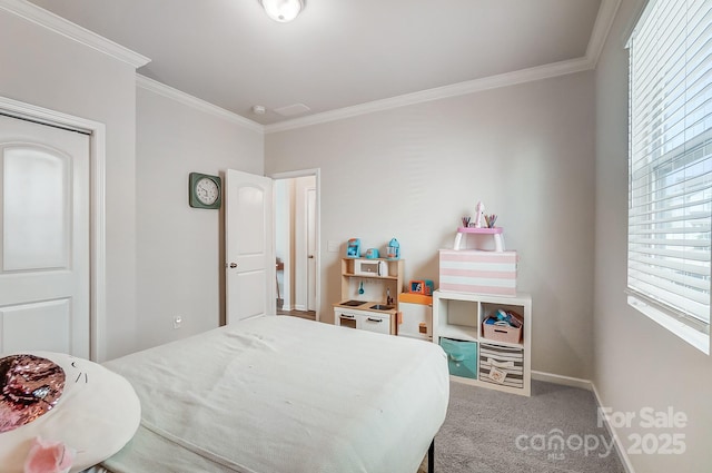 bedroom featuring ornamental molding, baseboards, and light carpet