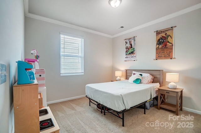 carpeted bedroom with visible vents, baseboards, and ornamental molding