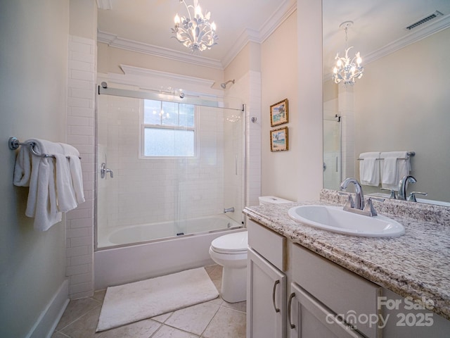 full bathroom with tile patterned floors, vanity, shower / bath combination with glass door, and a chandelier