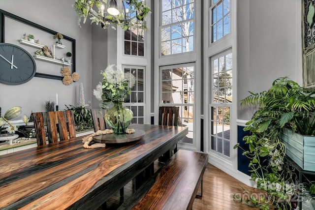 dining area with an inviting chandelier, hardwood / wood-style floors, and a high ceiling