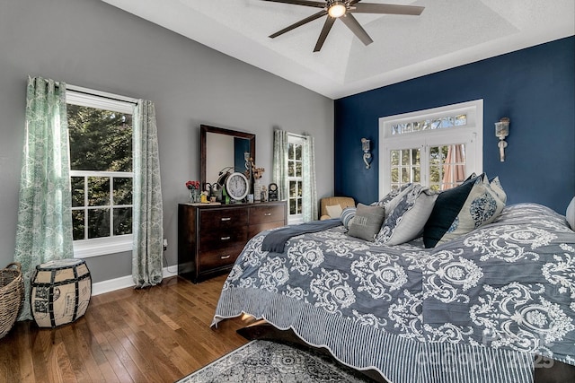 bedroom featuring multiple windows, dark wood-type flooring, a raised ceiling, and ceiling fan