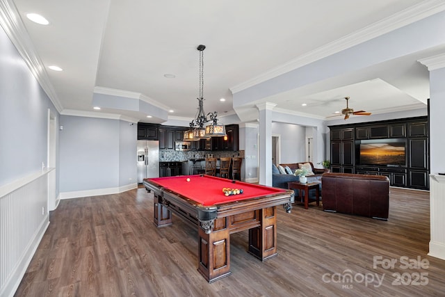 recreation room featuring hardwood / wood-style flooring, ceiling fan, decorative columns, and billiards