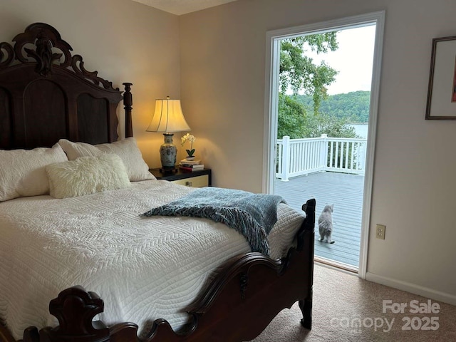 bedroom featuring access to exterior and carpet flooring