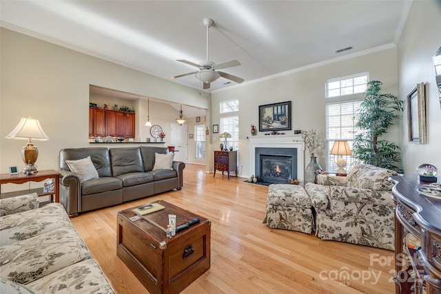 living room with ceiling fan, crown molding, and light hardwood / wood-style flooring