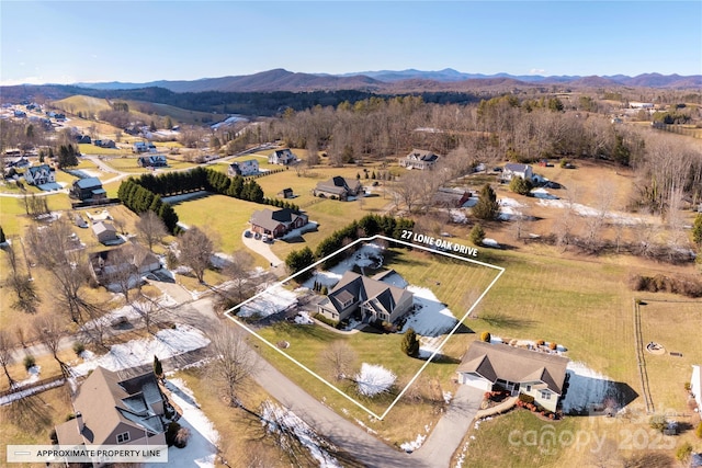 birds eye view of property with a mountain view