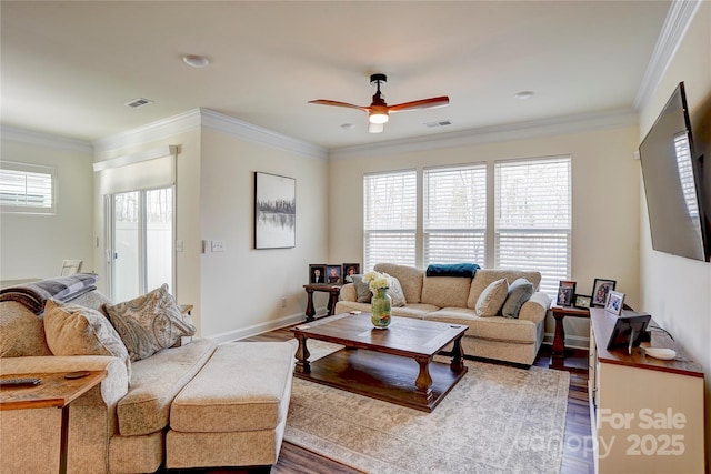 living room with wood-type flooring and a healthy amount of sunlight