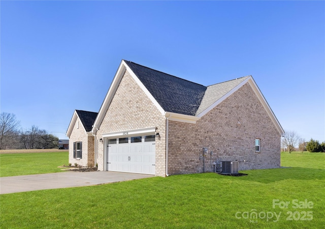 view of property exterior featuring central AC, a garage, and a lawn