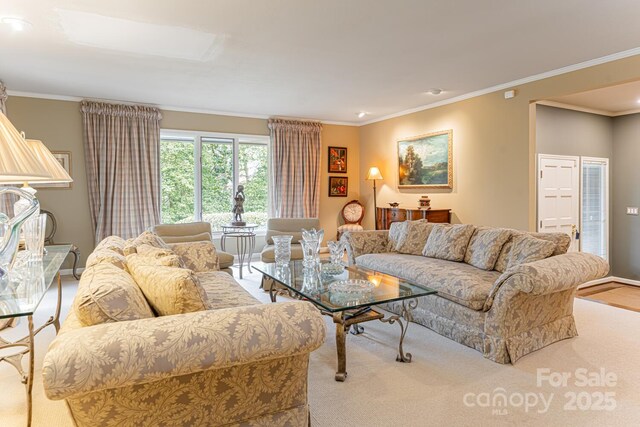 living area with crown molding, carpet, and baseboards