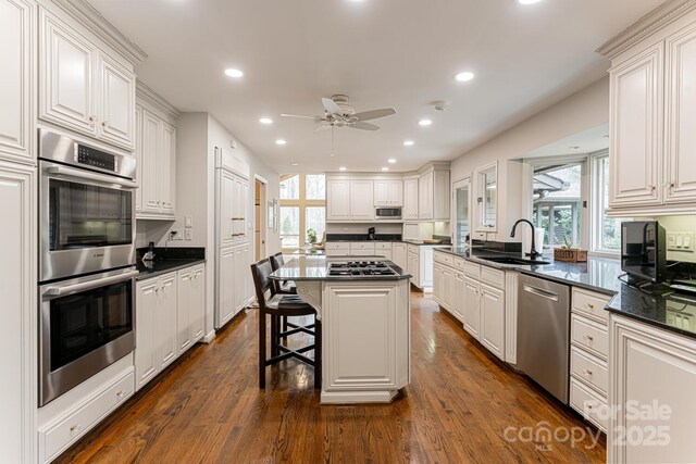 kitchen with ceiling fan, recessed lighting, a sink, dark wood finished floors, and appliances with stainless steel finishes