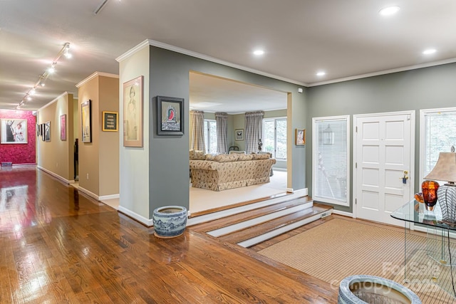 14 Stuyvesant Cres, Asheville, NC 28803 - foyer featuring wood finished floors, track lighting, baseboards, ornamental molding, and recessed lighting