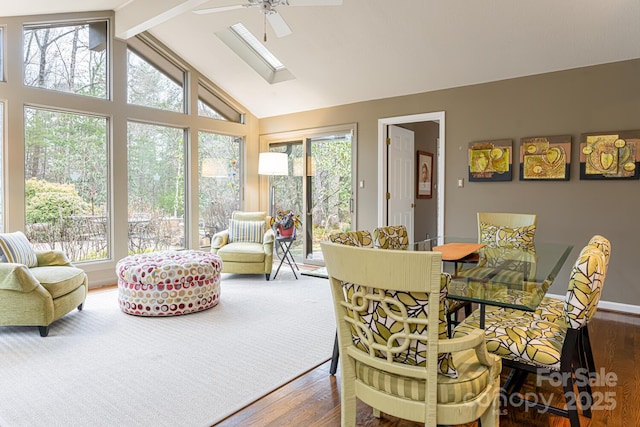 14 Stuyvesant Cres, Asheville, NC 28803 - dining space with ceiling fan, hardwood / wood-style floors, healthy amount of natural light, beam ceiling, and high vaulted ceiling
