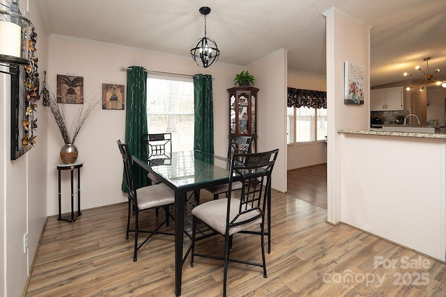 dining room with plenty of natural light, a notable chandelier, a textured ceiling, and light hardwood / wood-style floors