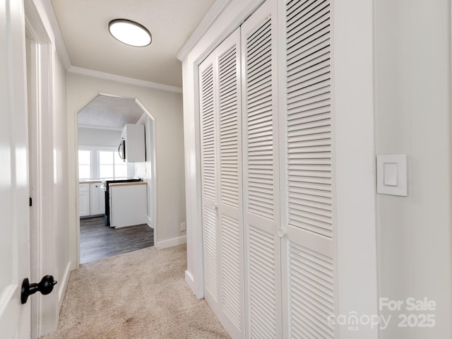 hallway with light colored carpet and ornamental molding