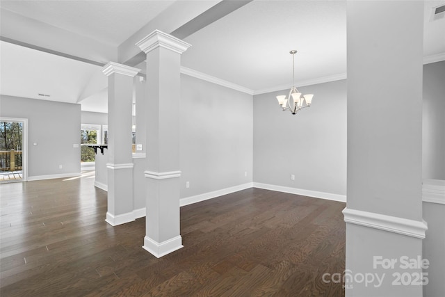 unfurnished living room featuring lofted ceiling, dark hardwood / wood-style floors, a chandelier, and ornate columns