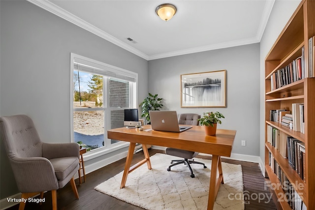 home office featuring wood-type flooring and ornamental molding