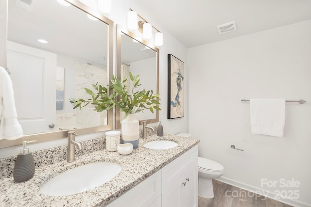 bathroom with wood-type flooring, toilet, and vanity