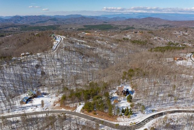 snowy aerial view with a mountain view