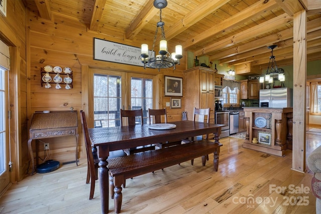 dining area featuring an inviting chandelier, wood ceiling, wood walls, beam ceiling, and light hardwood / wood-style flooring