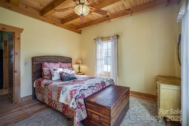 bedroom featuring ceiling fan, wooden ceiling, beamed ceiling, and light wood-type flooring