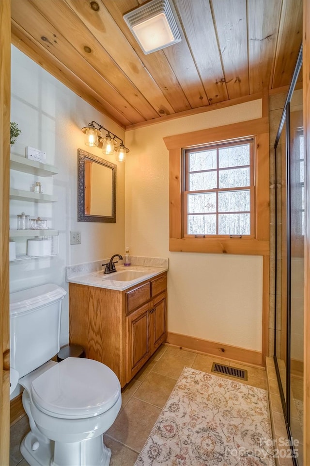 bathroom with wood ceiling, tile patterned flooring, vanity, toilet, and a shower with shower door