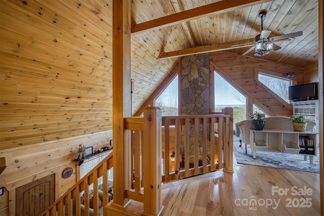 additional living space featuring wooden ceiling, lofted ceiling with beams, wooden walls, and light hardwood / wood-style flooring