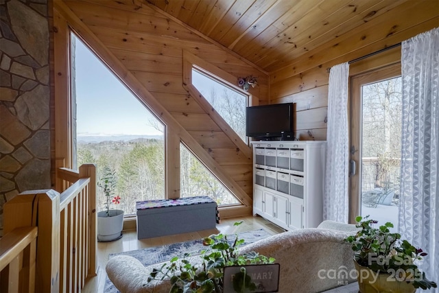 bonus room featuring light wood-type flooring, a mail area, vaulted ceiling, and wooden ceiling