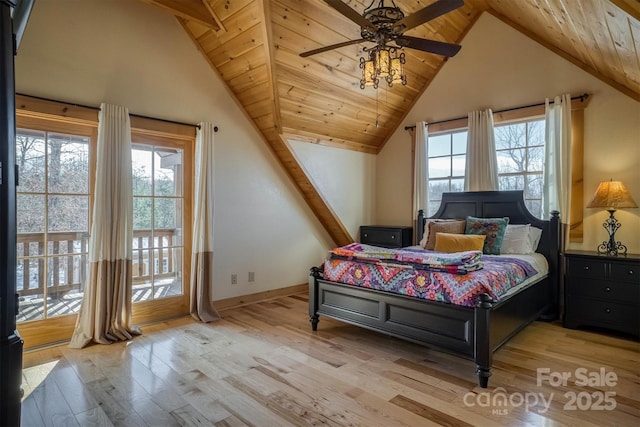 bedroom featuring ceiling fan, access to outside, wood ceiling, and light hardwood / wood-style floors