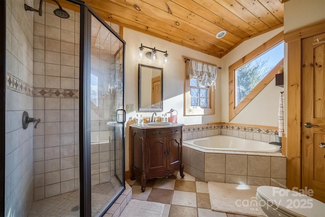 full bathroom featuring separate shower and tub, vanity, vaulted ceiling, and wood ceiling