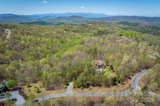 aerial view featuring a view of trees and a mountain view