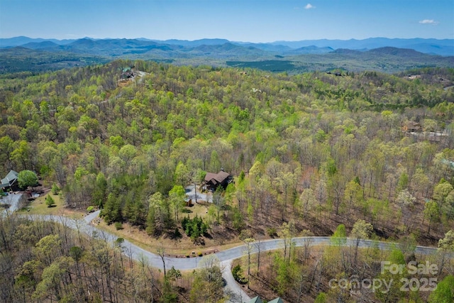drone / aerial view featuring a mountain view and a forest view