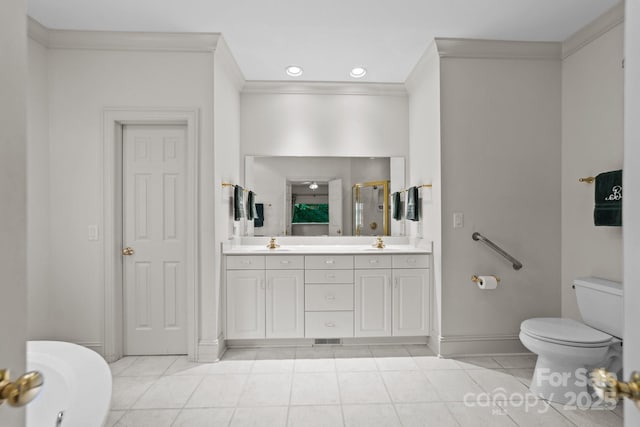 full bathroom featuring crown molding, separate shower and tub, tile patterned floors, and vanity