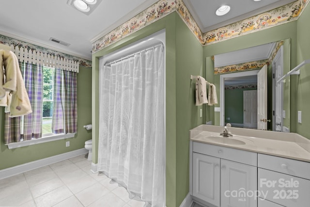 bathroom featuring walk in shower, toilet, vanity, and ornamental molding