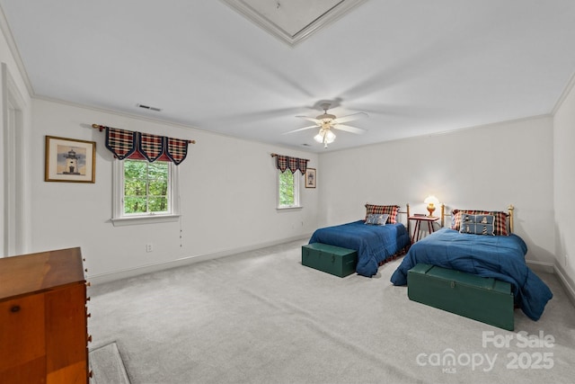 bedroom featuring light carpet, ceiling fan, and ornamental molding