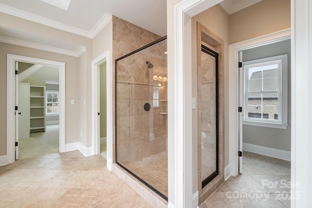 bathroom featuring walk in shower, crown molding, and tile patterned flooring