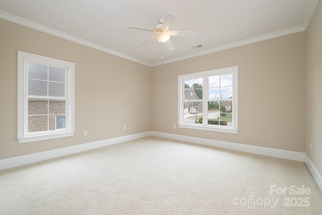 empty room featuring crown molding, ceiling fan, and carpet