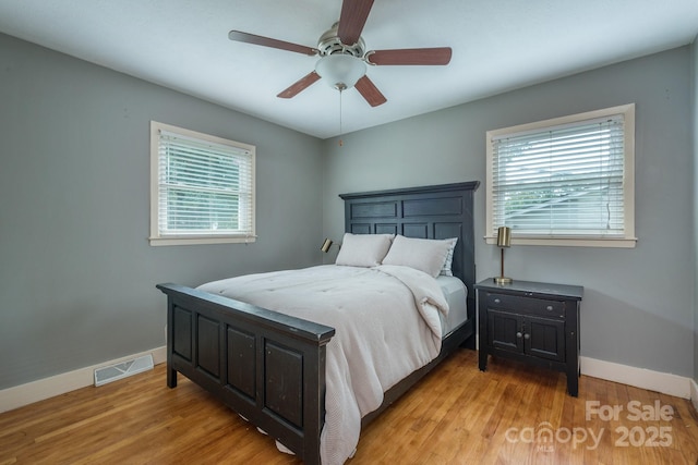 bedroom with ceiling fan and light hardwood / wood-style floors