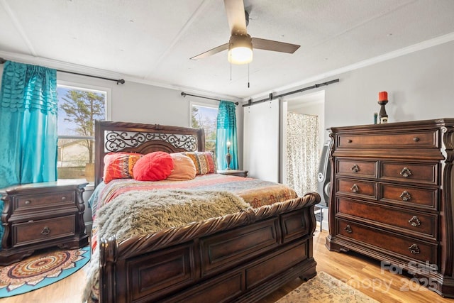 bedroom featuring multiple windows, ornamental molding, light wood-type flooring, and ceiling fan