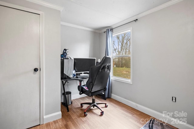 office featuring a wealth of natural light, hardwood / wood-style floors, and crown molding