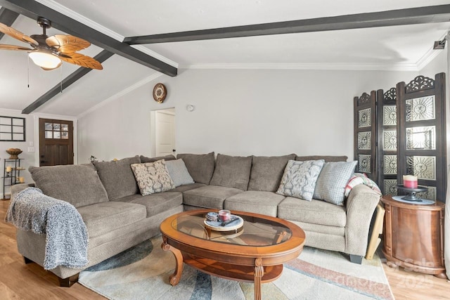 living room with ceiling fan, ornamental molding, light hardwood / wood-style floors, and vaulted ceiling with beams