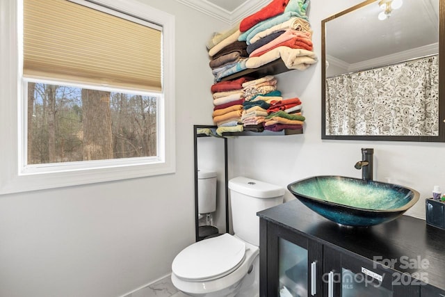 bathroom featuring vanity, crown molding, and toilet