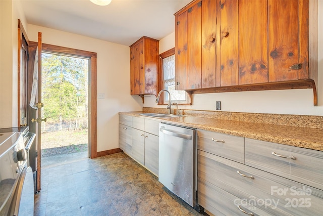 kitchen with brown cabinetry, plenty of natural light, a sink, and stainless steel dishwasher